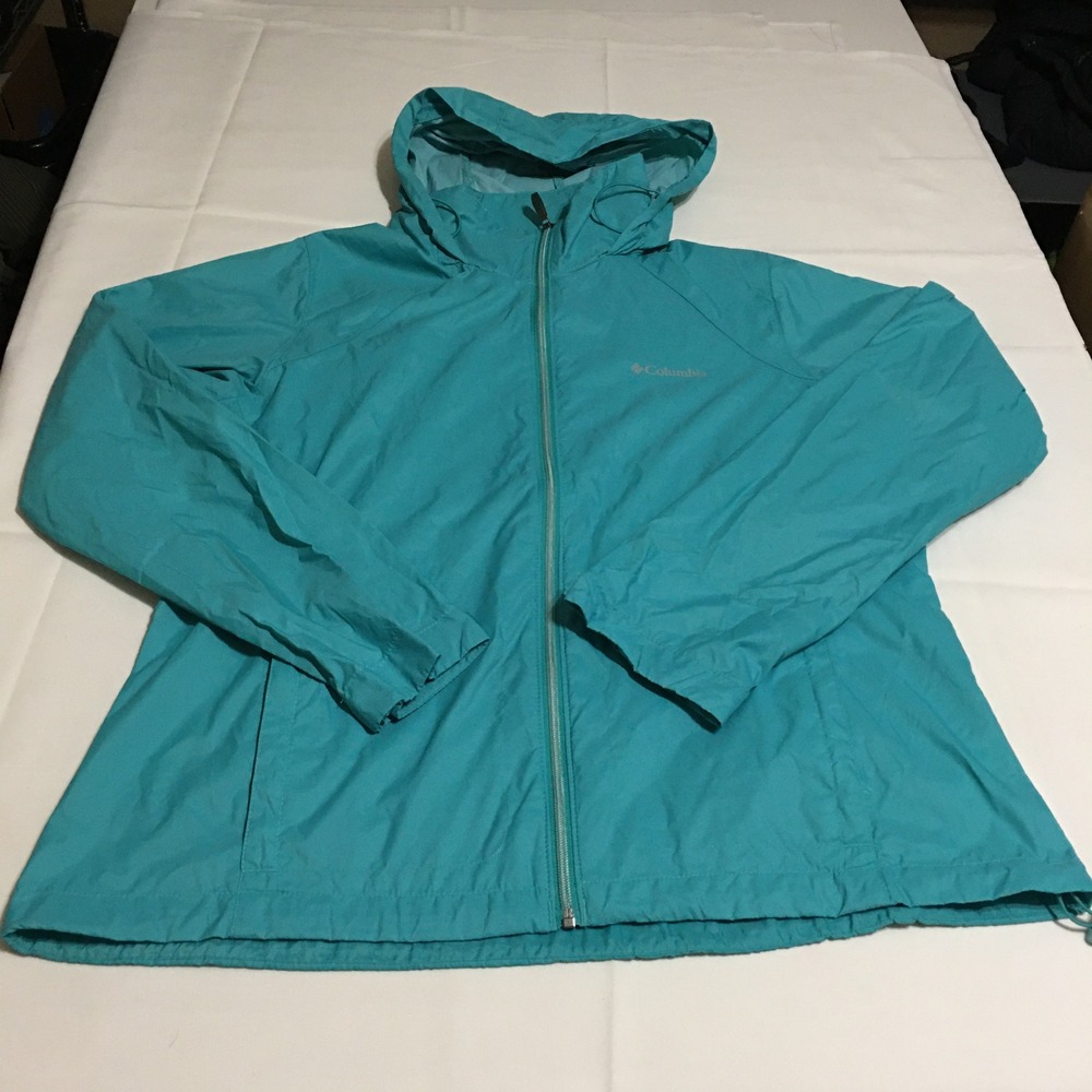 Columbia Rain Jacket Womens XL Teal Blue Hooded Full Zip Switchback III